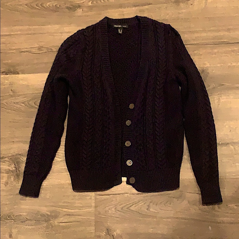 Mango Cable Knit Button-Front Cardigan (Navy Blue)